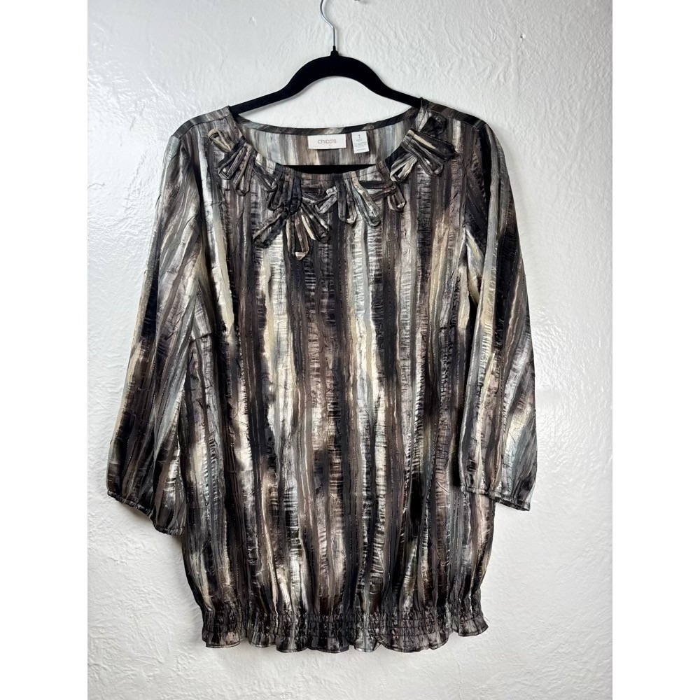 Chico's Blouse Womens Medium Earthy Gold Metallic Smocked Hem Artsy Office Sheer